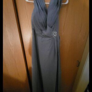 Evening formal evening gown in blue gray with an embellished pleated waist.